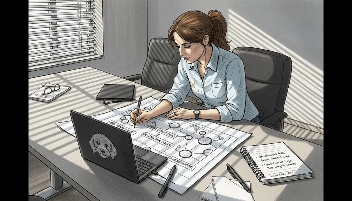 Manager reviewing blockchain networking diagram