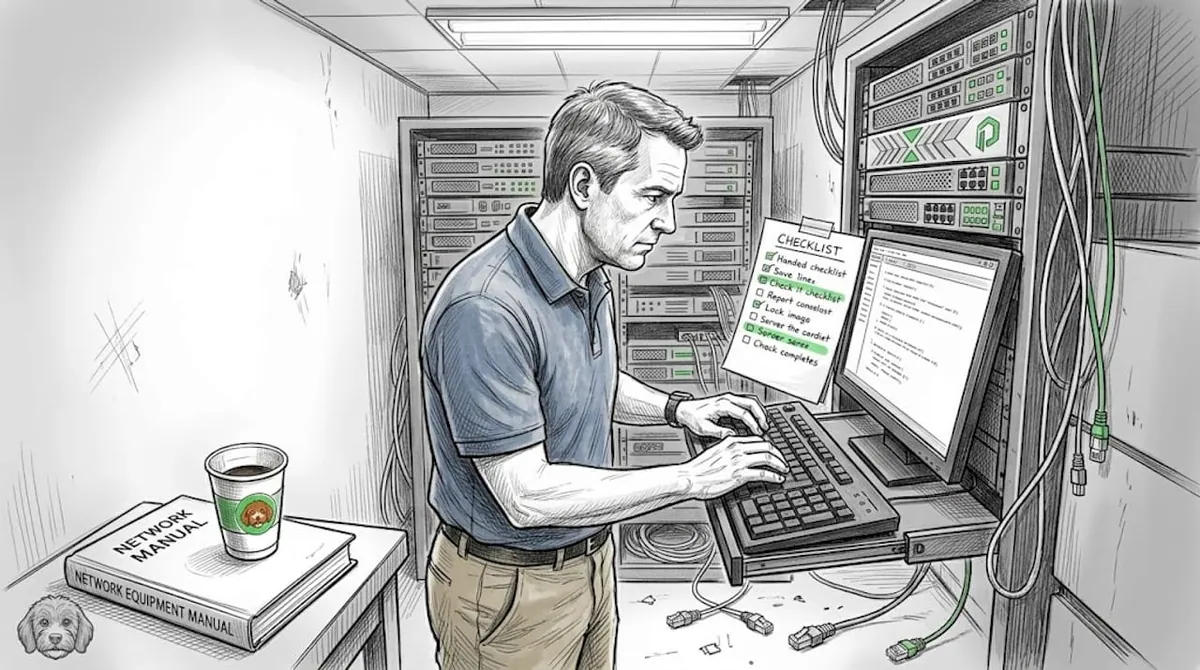 Technician maintaining servers and network cluster